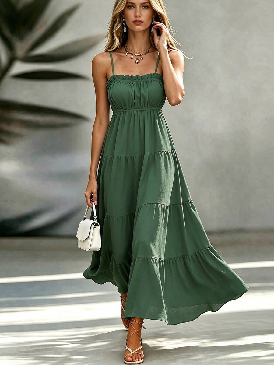 Pariaura Women's French Style Tropical Boho Vacation Spaghetti Strap Frill Trim Fitted Waist Long Textured Sage Green Dress, Spring/Summer Beach - Green - View 1