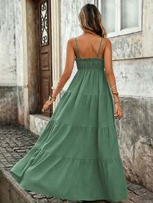 Pariaura Women's French Style Tropical Boho Vacation Spaghetti Strap Frill Trim Fitted Waist Long Textured Sage Green Dress, Spring/Summer Beach - Green - View 2