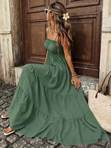 Pariaura Women's French Style Tropical Boho Vacation Spaghetti Strap Frill Trim Fitted Waist Long Textured Sage Green Dress, Spring/Summer Beach - Green - View 7