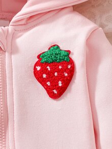 SHEIN 1件新生女嬰連帽連身衣可愛甜美粉紅紅草莓毛絨內裡長袖連帽加厚秋冬連身褲假日款全開襟拉鍊 - 粉色 - 查看 6