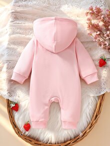 SHEIN 1件新生女嬰連帽連身衣可愛甜美粉紅紅草莓毛絨內裡長袖連帽加厚秋冬連身褲假日款全開襟拉鍊 - 粉色 - 查看 2