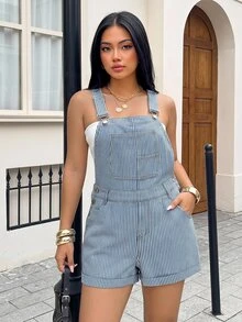 Rivivi Plus Size Women's Blue Fashion Versatile Washed Non-Stretch Denim Overall Shorts Hawaii Beach Summer Casual Corset - Blue and White - View 1
