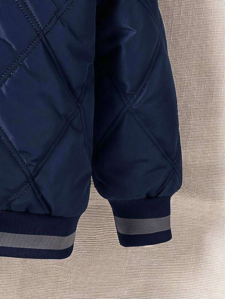 1pc Young Boy Thermal Lined Hooded Jacket, Winter, Career Day, Back-To-School, Quilted Diamond Pattern, Soft Teddy Fabric Padded Coat For Young Boys Fall - Navy Blue - View 6
