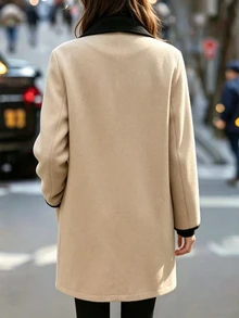 SHEIN Women's Minimalist Elegant Contrast Trim Double-Breasted Long Sleeve Jacket Office Everyday Beige Fall - Apricot - View 4