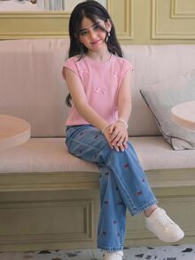 SHEIN Pink Bow Set & Waffle Knit Sleeveless Tank Top & All-Over Bow Print Wide-Leg Denim Effect Pants 2 Pieces Set, Sweet Girl Style Tween Girl Outfit, Spring/Autumn Daily Outing & School Wear, Niche Design Gentle Children's Clothing - Pink - View 3
