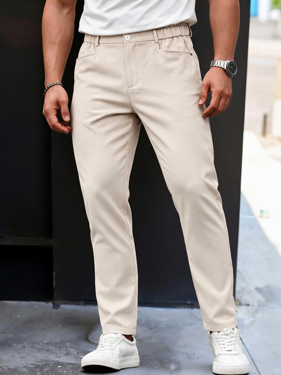 Manfinity CasualCool Men's Mature Casual Solid Color Tapered Long Pants, Perfect Choice For Holiday Gift