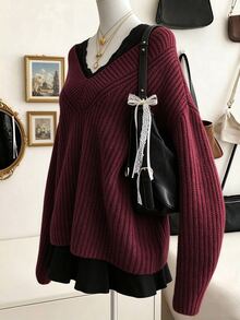 Collagica Collagica Women's Casual Solid Color V-Neck Loose Knit Sweater, Autumn/Winter, Christmas - Burgundy - View 4
