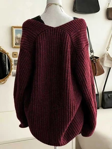 Collagica Collagica Women's Casual Solid Color V-Neck Loose Knit Sweater, Autumn/Winter, Christmas - Burgundy - View 2