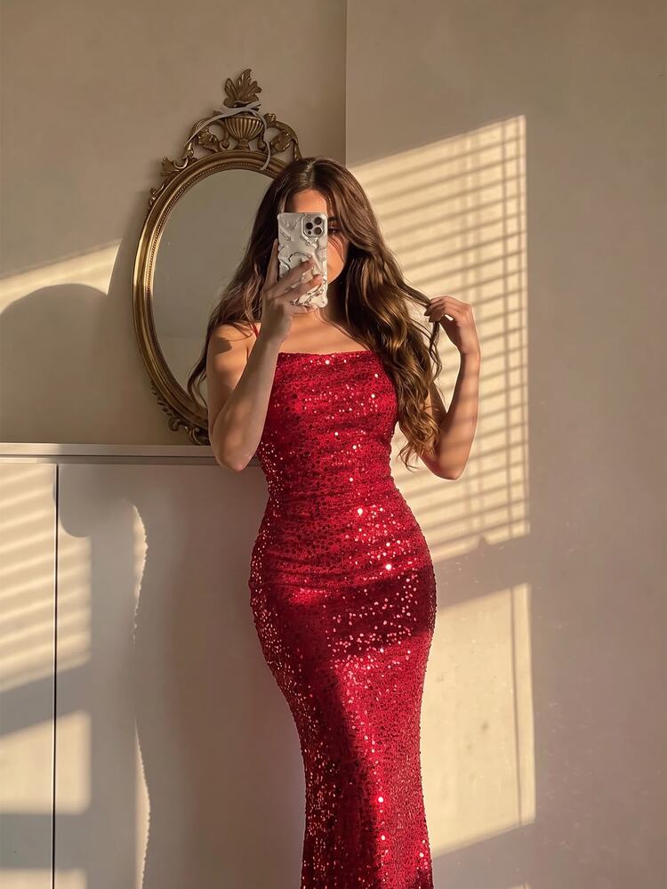 SHEIN MOD Women's Solid Color Mermaid Hem Sequin Glamorous Spaghetti Strap Dress - Red - View 1