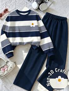 Girls' Striped Pullover Sweatshirt And Wide Leg Pants 2 Pieces Set - Christmas Casual Holiday Outfit, Campus Vintage Floral Classic Striped Fashion Personalized, Suitable For Spring, Autumn, Winter - Multicolor - View 3