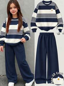 Girls' Striped Pullover Sweatshirt And Wide Leg Pants 2 Pieces Set - Christmas Casual Holiday Outfit, Campus Vintage Floral Classic Striped Fashion Personalized, Suitable For Spring, Autumn, Winter - Multicolor - View 1