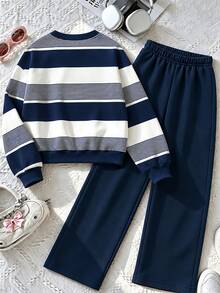Girls' Striped Pullover Sweatshirt And Wide Leg Pants 2 Pieces Set - Christmas Casual Holiday Outfit, Campus Vintage Floral Classic Striped Fashion Personalized, Suitable For Spring, Autumn, Winter - Multicolor - View 4