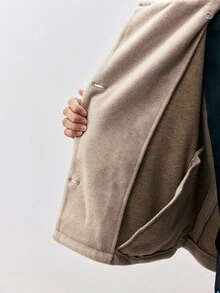 ATUI Studio Áo khoác ngắn nữ cổ cao cài nút trước, len pha ấm áp, phong cách Y2K cơ bản công sở thường ngày cho mùa Thu/Đông và Halloween - Màu Khaki - Xem 7