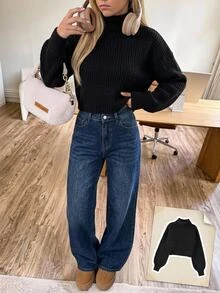 Solid Color Casual Lazy Pullover Sweater Women Round Neck Autumn/Winter New Loose Fit Versatile Knit Crop Top - Black - View 9