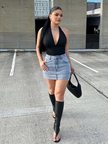 Dayanna Comas 女式休闲日常水洗斜口袋紧身牛仔裙 - 淺色水洗藍 - 查看 3
