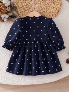 SHEIN 幼童女嬰公主洋裝，可愛甜美優雅風，海軍藍、白色、米色愛心荷葉邊梭織長袖圓領前扣式修身舒適女童洋裝 - 寶藍色 - 查看 2