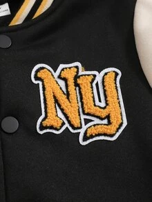 SHEIN 2pcs/Set Boys College Style Letter Print Embroidery Patchwork Baseball Long Sleeve Jacket Pants Set, Ribbed Collar Cuffs Hem, Autumn, Birthday White - Black - View 6