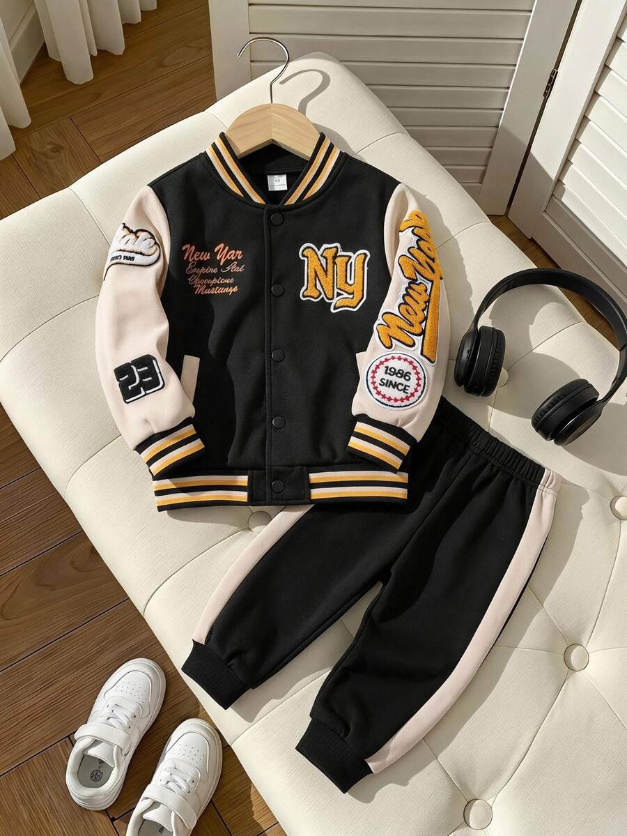 SHEIN 2pcs/Set Boys College Style Letter Print Embroidery Patchwork Baseball Long Sleeve Jacket Pants Set, Ribbed Collar Cuffs Hem, Autumn, Birthday White
