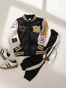 SHEIN 2pcs/Set Setelan Jaket Lengan Panjang dan Celana Baseball Gaya Kampus Anak Laki-laki dengan Bordir Huruf Cetak, Kerah dan Manset Bergaris, Musim Gugur, Putih untuk Ulang Tahun - Hitam - View 4