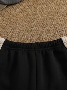 SHEIN 2pcs/Set Setelan Jaket Lengan Panjang dan Celana Baseball Gaya Kampus Anak Laki-laki dengan Bordir Huruf Cetak, Kerah dan Manset Bergaris, Musim Gugur, Putih untuk Ulang Tahun - Hitam - View 9