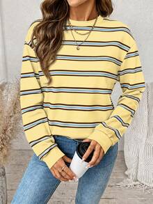 SHEIN LUNE 女款教堂穿搭黃色上衣 條紋外出上衣 女款條紋休閒日常長袖運動衫 - 白色 - 查看 5