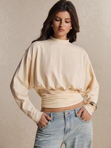Poéselle Women's Cotton Ivory Open-Back Top – Mock-Neck Batwing Long-Sleeve Blouse With Draped Cowl Back And Ruched Waist Winter Clothes Going Out Tops - Apricot - View 9