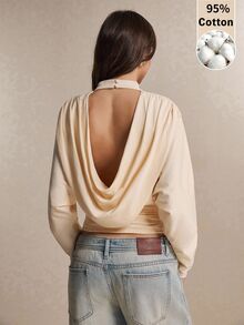 Poéselle Women's Cotton Ivory Open-Back Top – Mock-Neck Batwing Long-Sleeve Blouse With Draped Cowl Back And Ruched Waist Winter Clothes Going Out Tops - Apricot - View 3