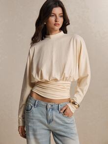 Poéselle Women's Cotton Ivory Open-Back Top – Mock-Neck Batwing Long-Sleeve Blouse With Draped Cowl Back And Ruched Waist Winter Clothes Going Out Tops - Apricot - View 7