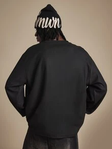 SUMWON Oversized Long Sleeve Crew Neck Waffle Knit Panel Tee With Smooth Contrast Sleeves Relaxed Fit Casual Top For Fall Winter - Black - View 2