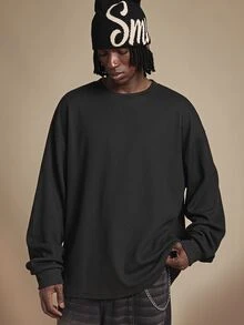 SUMWON Oversized Long Sleeve Crew Neck Waffle Knit Panel Tee With Smooth Contrast Sleeves Relaxed Fit Casual Top For Fall Winter - Black - View 1