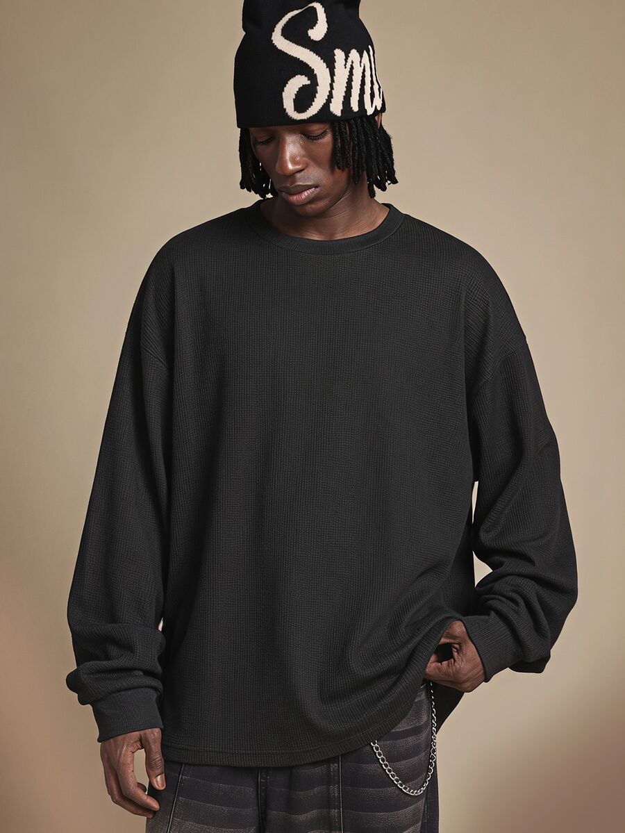 SUMWON Oversized Long Sleeve Crew Neck Waffle Knit Panel Tee With Smooth Contrast Sleeves Relaxed Fit Casual Top For Fall Winter - Black - View 1