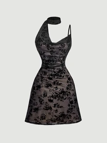SHEIN MOD 女款甜美優雅植絨洋裝，適合約會與度假 - 黑色 - 查看 6