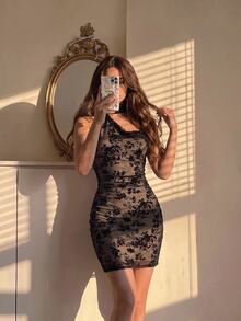 SHEIN MOD 女款甜美優雅植絨洋裝，適合約會與度假 - 黑色 - 查看 5