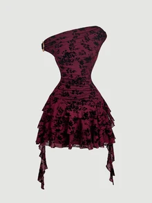 SHEIN MOD 女款不對稱單肩花卉印花休閒夏季迷你洋裝 - 酒紅色 - 查看 5