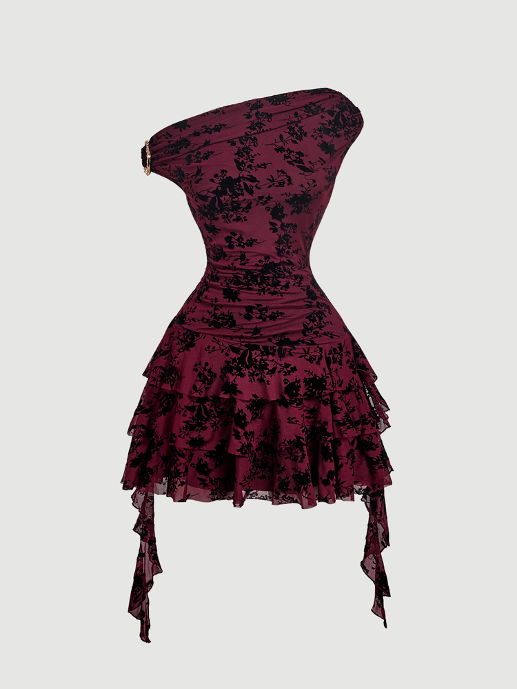 SHEIN MOD Women's Asymmetrical Shoulder Floral Print Casual Summer Mini Dress - Burgundy - View 5
