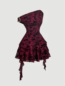 SHEIN MOD 女款不對稱單肩花卉印花休閒夏季迷你洋裝 - 酒紅色 - 查看 9