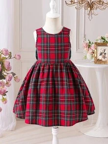 SHEIN Young Girl Woven Plaid Kids Round Neck Casual Sleeveless Dress - Multicolor - View 5