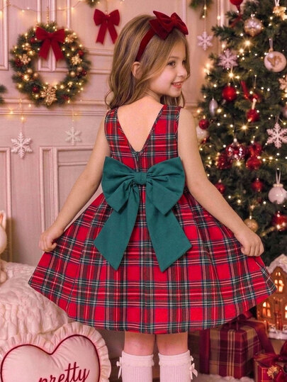 SHEIN Young Girl Woven Plaid Kids Round Neck Casual Sleeveless Dress