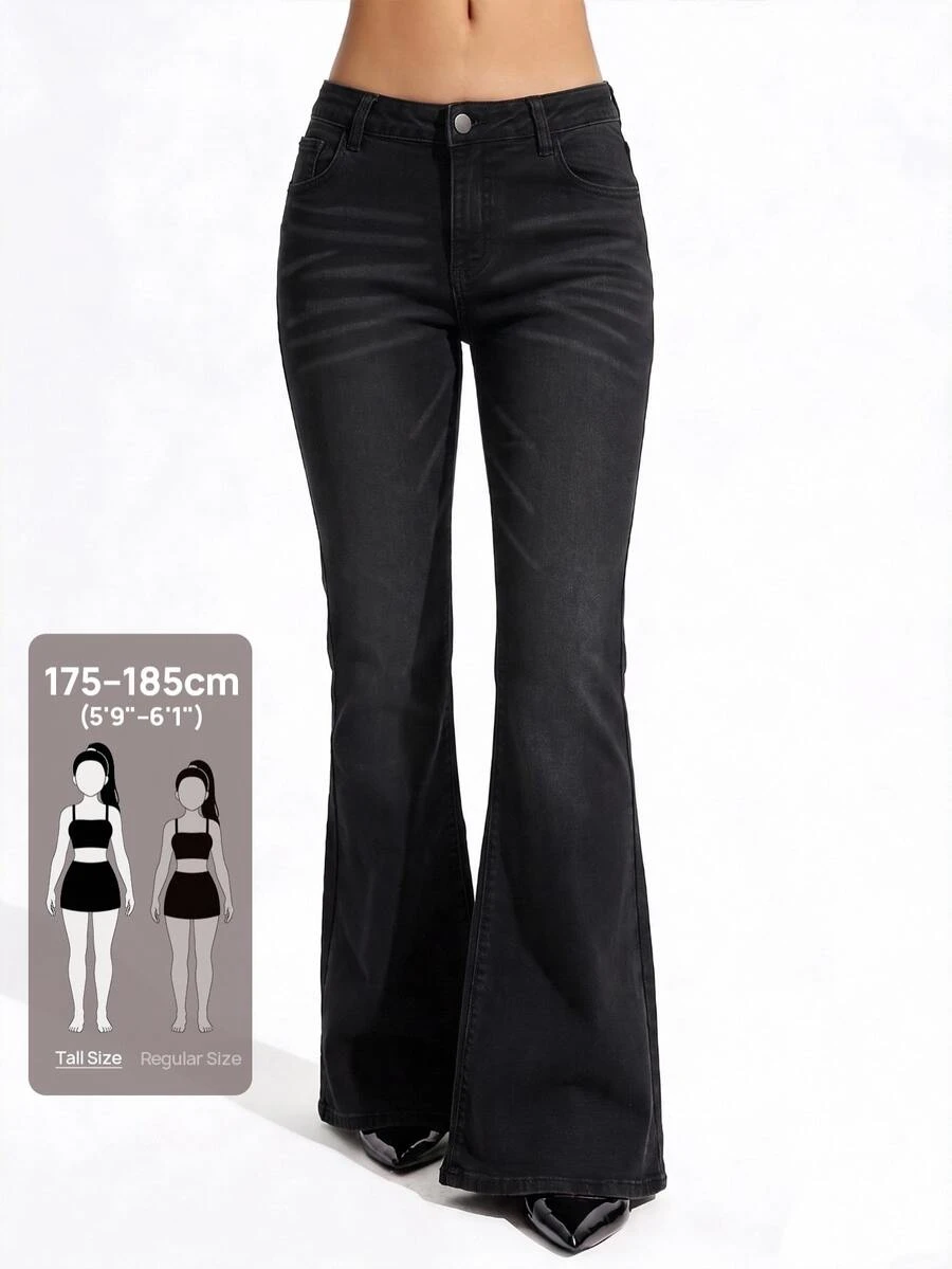 SHEIN Tall Women's Casual Daily Flare Jeans With Pockets And Buttons - Dark Grey - View 1