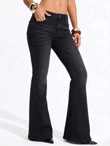 SHEIN Tall Women's Casual Daily Flare Jeans With Pockets And Buttons - Dark Grey - View 5