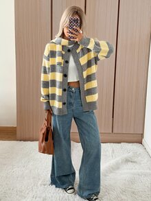 SHEIN EZwear 女款休閒學院風對比色灰色圍巾開襟衫，適合秋季/日常旅行早午餐 - 彩色 - 查看 7