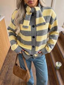 SHEIN EZwear 女款休閒學院風對比色灰色圍巾開襟衫，適合秋季/日常旅行早午餐 - 彩色 - 查看 1