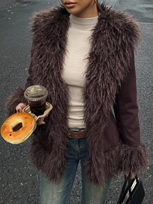 SHEIN EZwear 深棕色編織人造毛大衣 女款 夜出派對 日常穿著 冬季街頭風 復古優雅 日常外出 聖誕新年 - 咖啡棕 - 查看 2