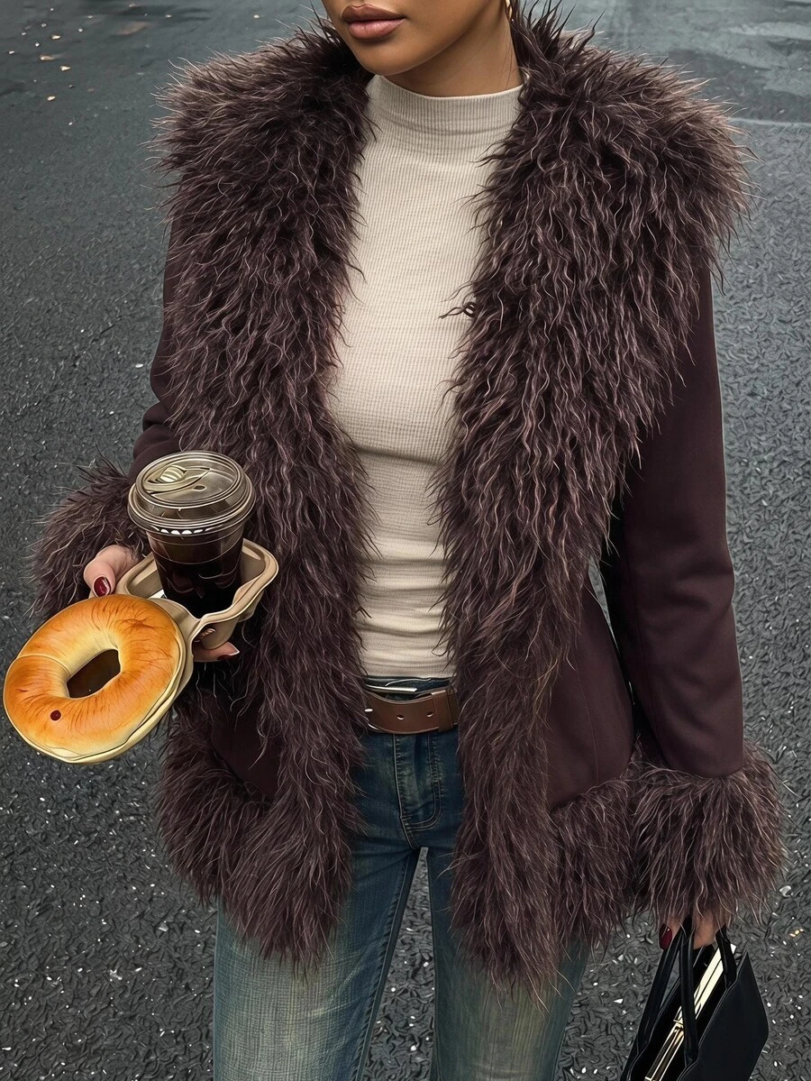 SHEIN EZwear 深棕色編織人造毛大衣 女款 夜出派對 日常穿著 冬季街頭風 復古優雅 日常外出 聖誕新年