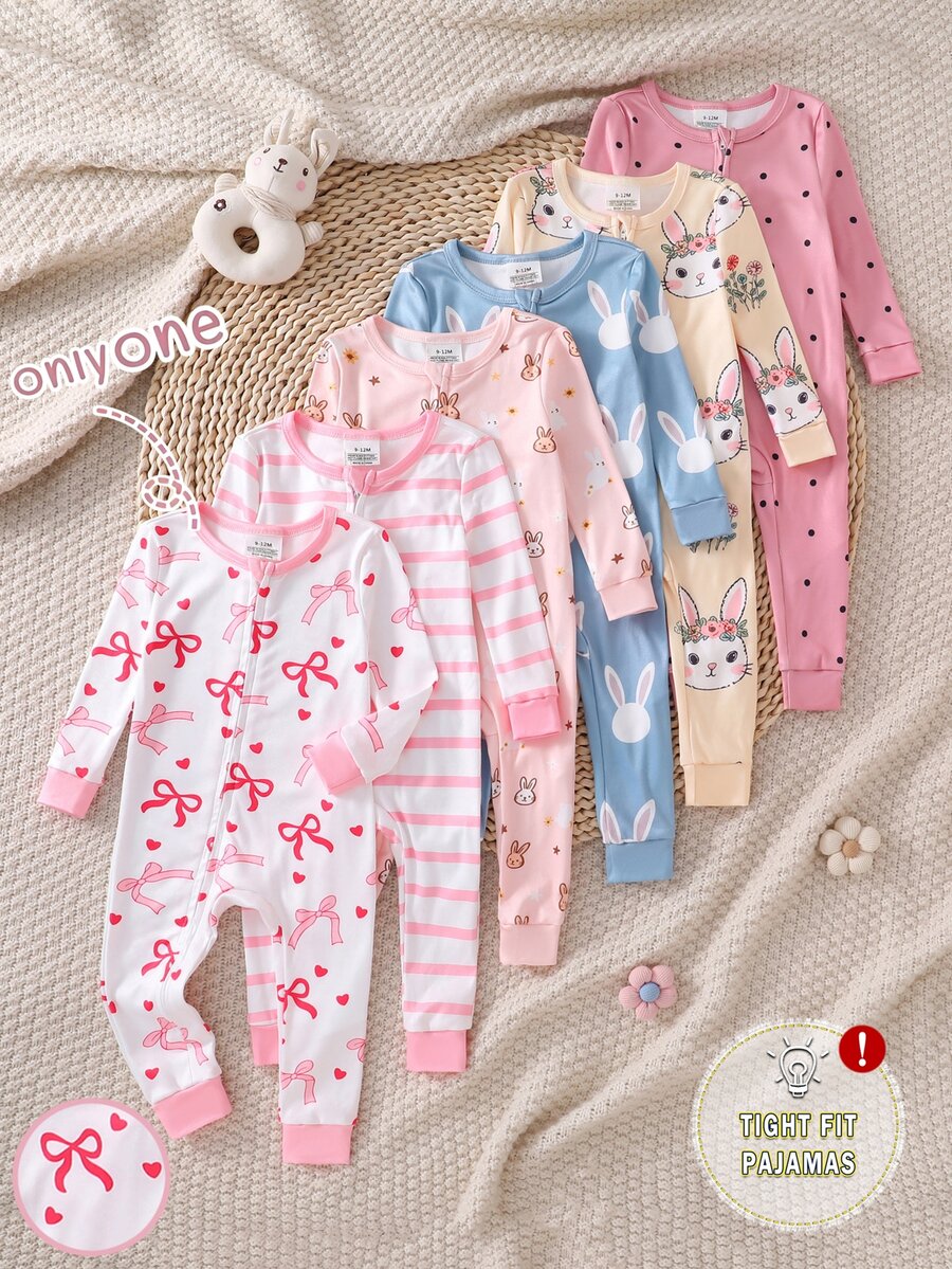 SHEIN 女嬰貼身拉鍊連身睡衣,長袖長褲,兔子愛心蝴蝶結波點條紋花朵卡通印花,四季適用,居家或戶外玩耍,柔軟親膚 - 彩色 - 查看 1