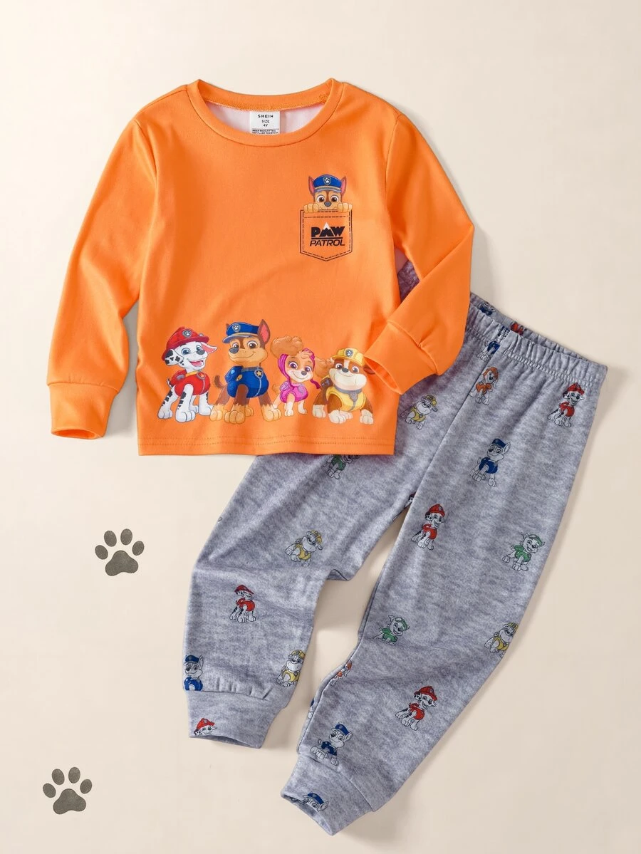 SHEIN | PAW Patrol Young Boy Cartoon Pattern Kids Long Sleeve Top And Pants Casual Daily Home Wear Set, Snug Fit - Orange - View 1