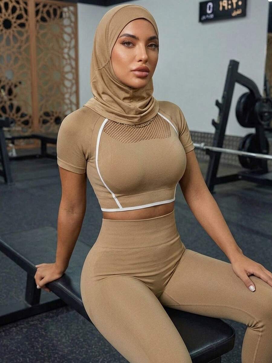 Innovista Innovista Women's Short Sleeve Mesh High Waist Color Block Sports 2 Piece Set, Fall, Winter, Autumn, Gym, Workout, Running, Yoga, Fitness, Athletic, Training
