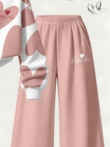 Bộ quần áo cho bé gái tuổi teen phong cách tối giản thường ngày, áo nỉ polo nửa khóa kéo in tim toàn thân màu hồng đậu mềm mại và quần ống rộng, thiết kế họa tiết tim cổ điển màu hồng đậu, áo nỉ cá tính, phù hợp cho mùa xuân và mùa thu, mặc hàng ngày, trang phục năng động, đi chơi thường ngày, phong cách cơ bản, thoải mái và dễ mặc - Nhiều màu - Xem 5