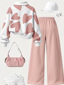 Bộ quần áo cho bé gái tuổi teen phong cách tối giản thường ngày, áo nỉ polo nửa khóa kéo in tim toàn thân màu hồng đậu mềm mại và quần ống rộng, thiết kế họa tiết tim cổ điển màu hồng đậu, áo nỉ cá tính, phù hợp cho mùa xuân và mùa thu, mặc hàng ngày, trang phục năng động, đi chơi thường ngày, phong cách cơ bản, thoải mái và dễ mặc - Nhiều màu - Xem 2