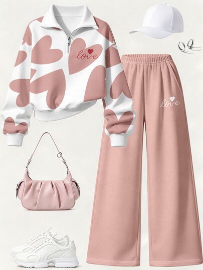 Tween Girls Minimalist Casual Soft Bean Paste Pink All-Over Heart Print Polo Half-Zip Sweatshirt & Wide Leg Pants Set, Classic Heart Pattern Bean Paste Pink Design, Personalized Sweatshirt, Suitable For Spring And Autumn, Daily Wear, Energetic Outfit, Casual Outings, Basic Style, Comfortable And Easy To Wear